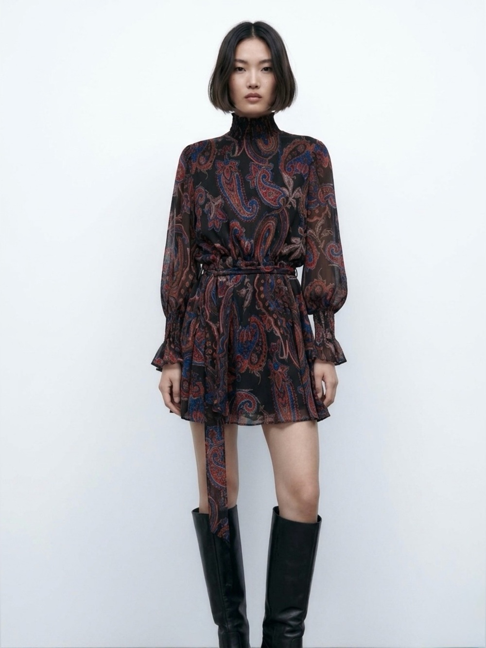 Zara Black Paisley Long-Sleeve Mini Dress with Multicolor Print